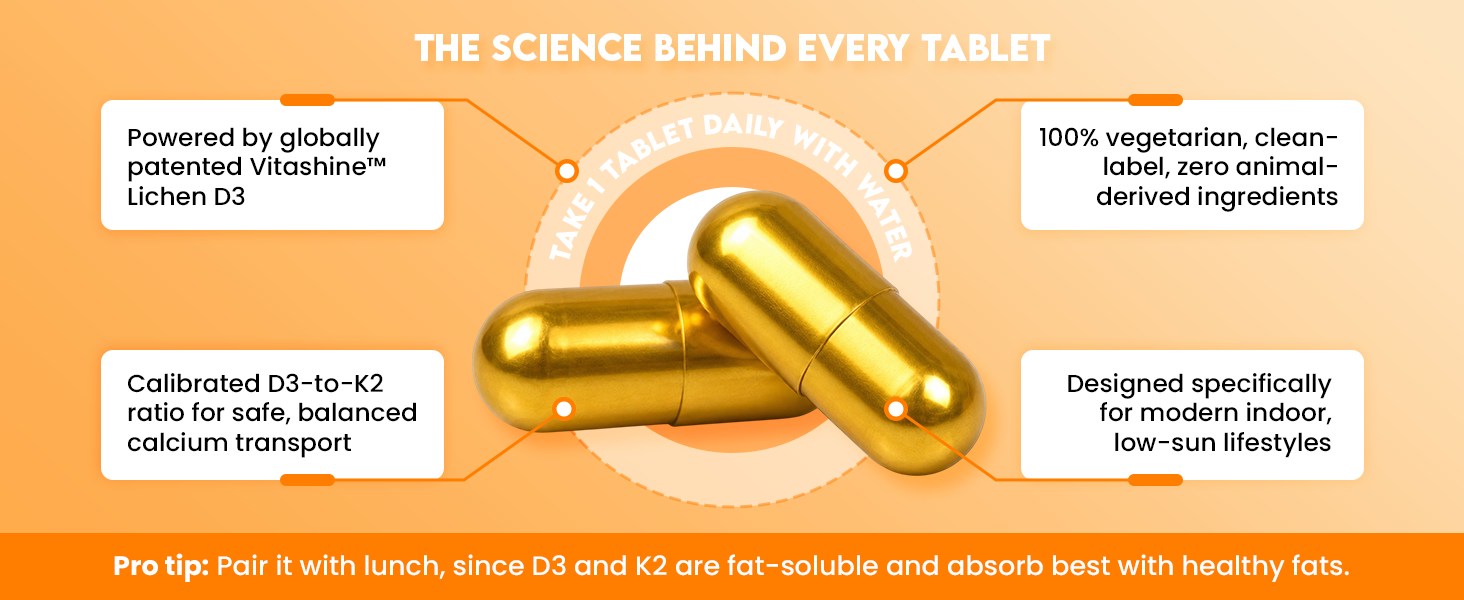Dive Daily Plant-Based Vitamin D3 + K2 Capsules | 600 IU (15mcg) Vitamin D3 + 55mcg K2-7 MK7 | Vitashine Vegan D3 from Lichen | Supports Bone Health, Calcium Absorption, Immunity & Muscle Strength | 60 Capsules for Men & Women