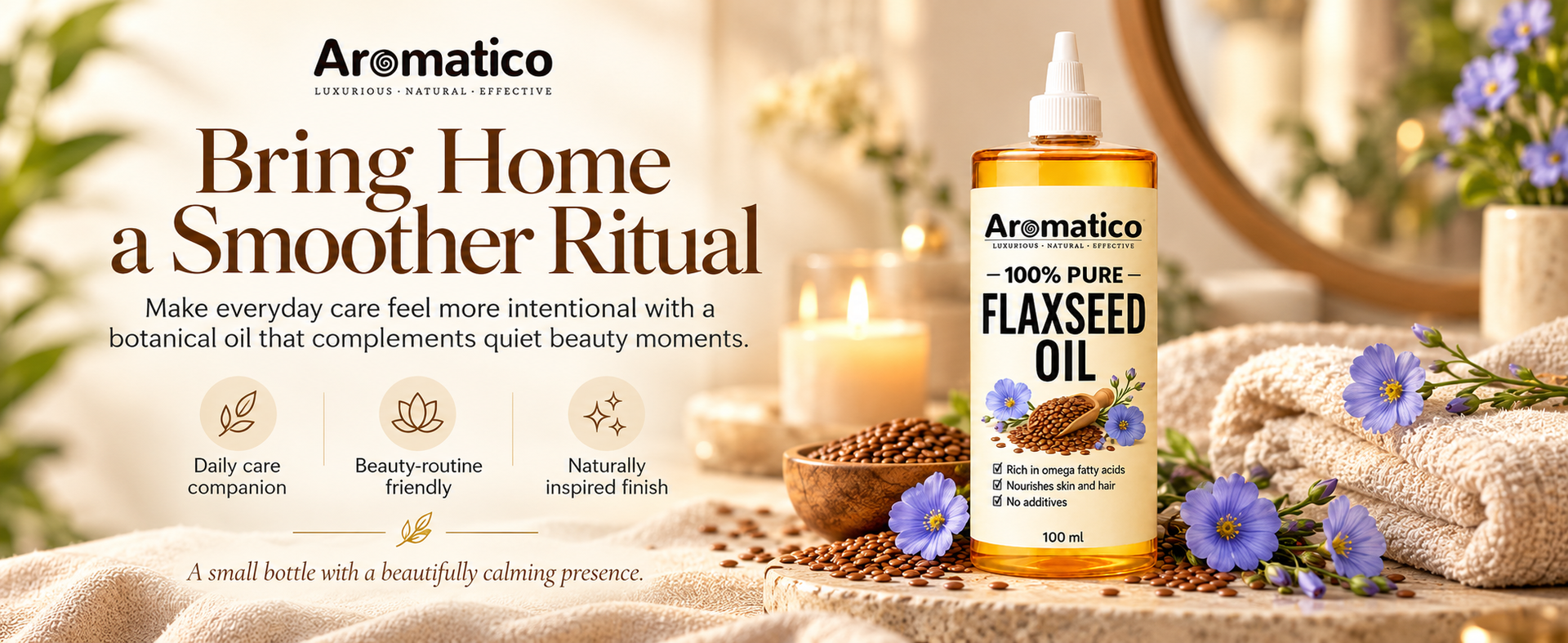 AROMATICO Flaxseed Oil for Skin, Hair, Scalp Massage & Lightweight DIY Beauty Care | Omega 3,6 & 9 Rich for Glowing Skin & Hair Growth - 100ml