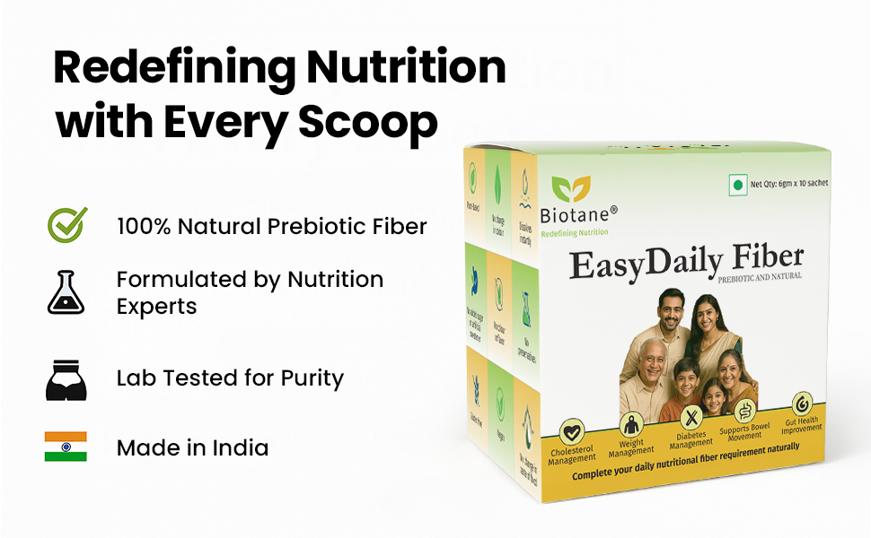 Biotane EasyDaily Fiber |Prebiotic Fiber for Gut Health Support |Maintains Cholesterol & Weight Management| Promotes Digestion & Bowel Movements |No flavor, No Preservative |10 Sachets (Pack of 2)