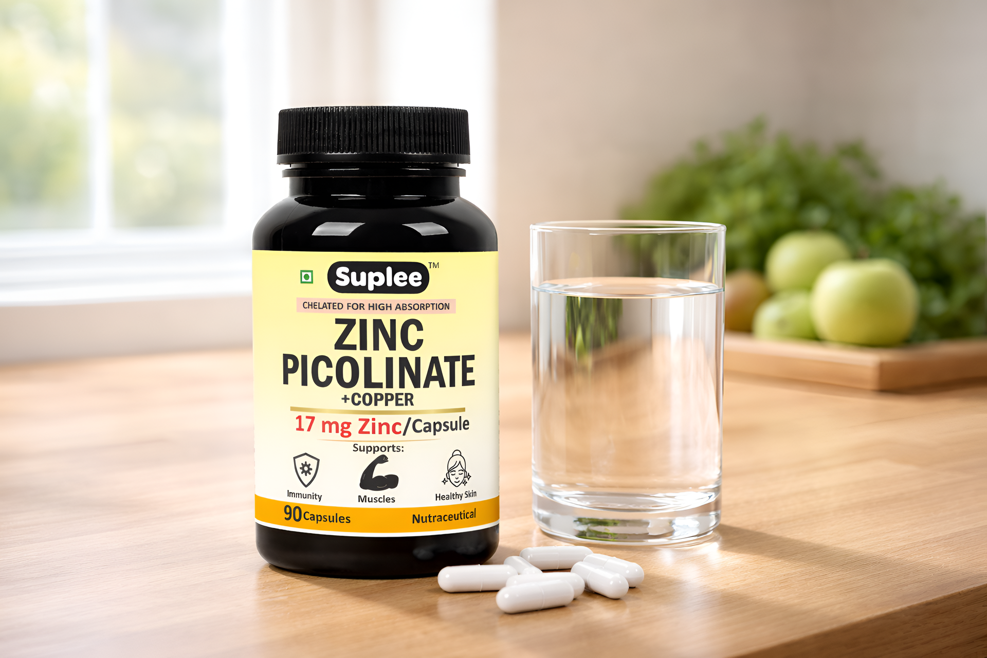 Suplee Zinc Picolinate with Copper Gluconate | High Absorption Zinc Supplement | Immunity, Skin Health & Muscle Support | 90 Veg Capsules