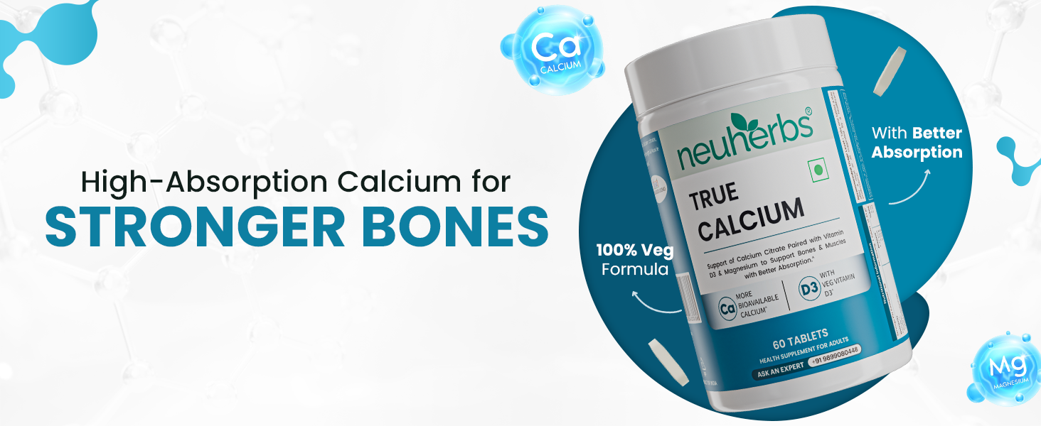Neuherbs Calcium Tablets for Men & Women | True Calcium With Vitamin D3 & Magnesium | Supports Bone, Joint & Muscle Health | 60 Tablets