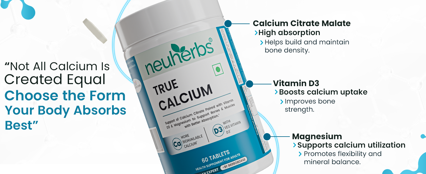 Neuherbs Calcium Tablets for Men & Women | True Calcium With Vitamin D3 & Magnesium | Supports Bone, Joint & Muscle Health | 60 Tablets