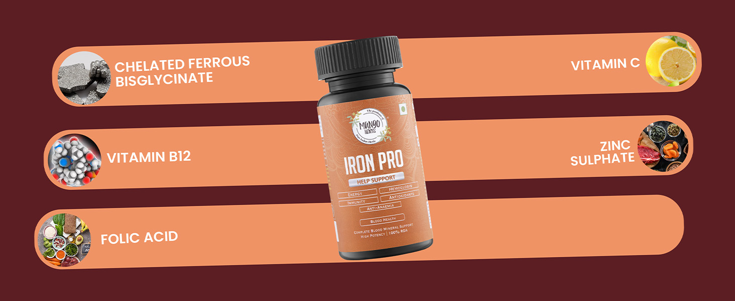 Iron Pro | Ferrous Bisglycinate, Vitamin B12, Folic Acid, Vitamin C & Zinc | Energy, Immunity & Fatigue Support | 60 Tabs