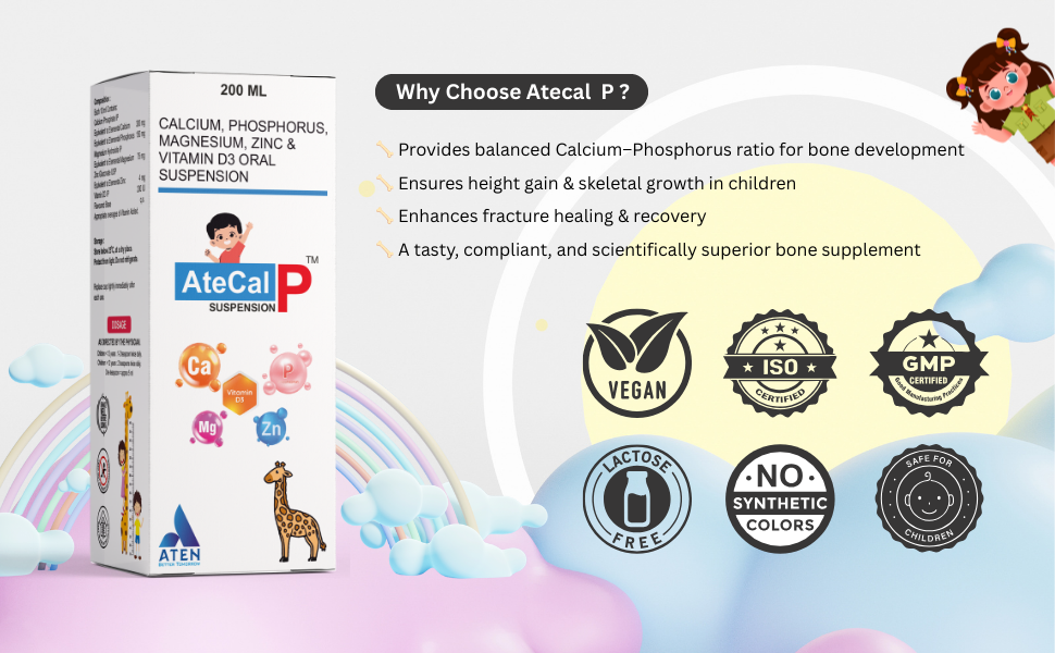 AteCal P Suspension | Calcium, Phosphorus, Magnesium, Zinc & Vitamin D3 Syrup | Bone Strength, Growth & Immunity Support | 200 ml