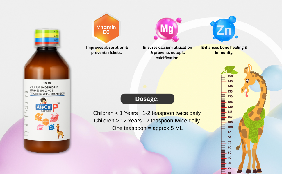 AteCal P Suspension | Calcium, Phosphorus, Magnesium, Zinc & Vitamin D3 Syrup | Bone Strength, Growth & Immunity Support | 200 ml