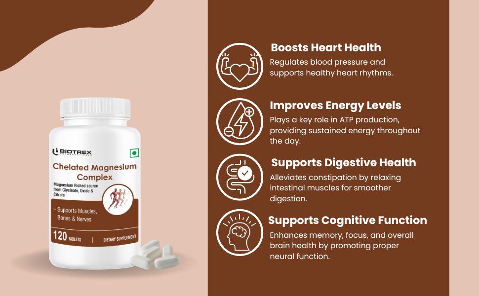Biotrex Nutraceuticals Chelated Magnesium Complex, Magnesium Riched Source From Glycinate, Oxide & Citrate, Supports Bone, Muscle & Nerves Health - 120 Vegetarian Tablets