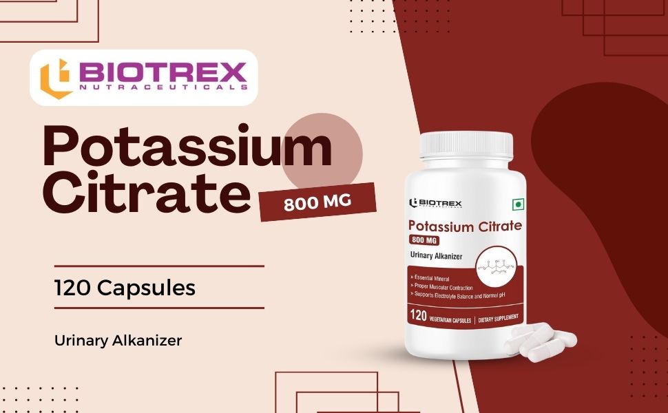 Biotrex Nutraceuticals Potassium Citrate 800mg supplement, Healthy Bone & Joint Health, Supports Healthy Nerve Health - 120 Vegetarian Capsules