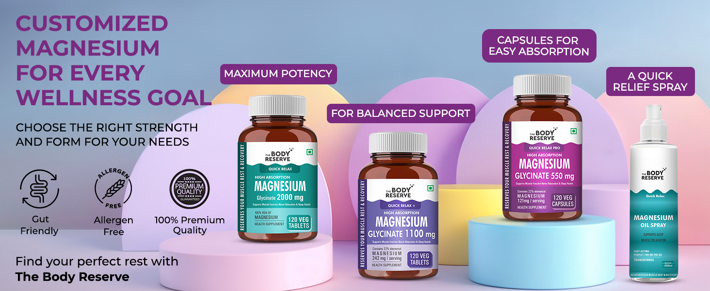 The Body Reserve Magnesium Glycinate Supplement - 60 Vegetable Capsules, 550mg Per Serving, High Absorption Chelated Form - Supports Muscle & Nerve Health, Relaxation for Men & Women