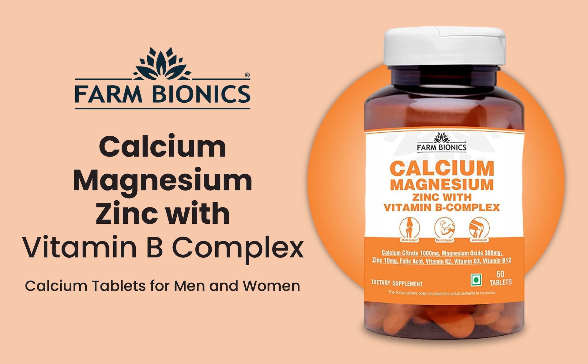 Calcium Magnesium Zinc with Vitamin B Complex | Multivitamin Supplements | Ideal Supplement for Bones, Muscle, and Joint Support | Calcium tablets for Men and Women (Pack of 1)