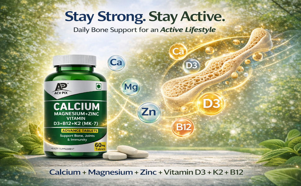 Calcium Magnesium Zinc with Vitamin D3 K2 B12 Tablets | Calcium Supplement for Bone Health, Joint Support & Muscle Strength | For Men & Women (60 Tablets)