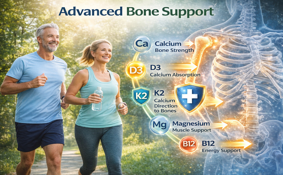 Calcium Magnesium Zinc with Vitamin D3 K2 B12 Tablets | Calcium Supplement for Bone Health, Joint Support & Muscle Strength | For Men & Women (60 Tablets)