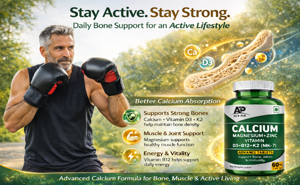 Calcium Magnesium Zinc with Vitamin D3 K2 B12 Tablets | Calcium Supplement for Bone Health, Joint Support & Muscle Strength | For Men & Women (60 Tablets)