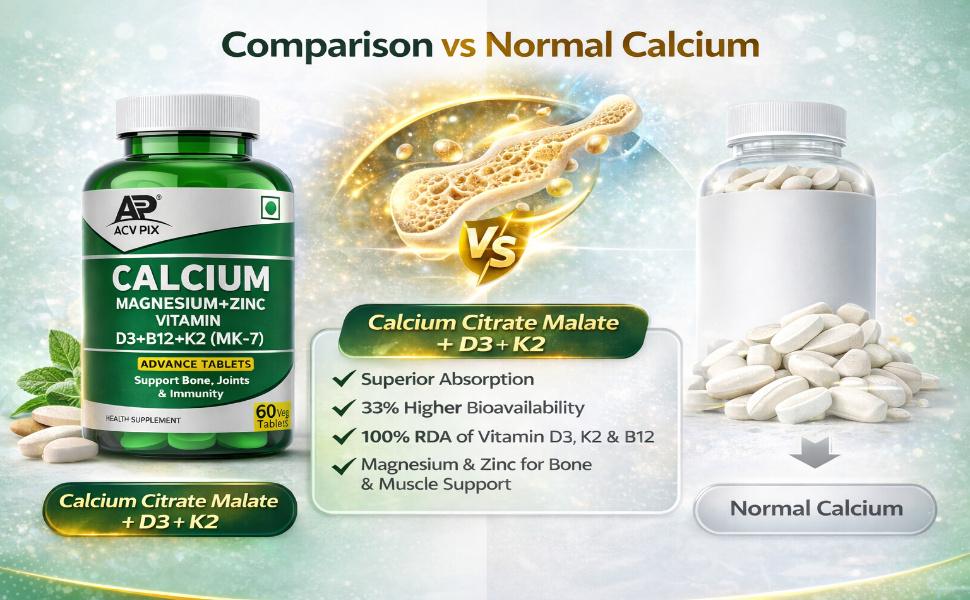 Calcium Magnesium Zinc with Vitamin D3 K2 B12 Tablets | Calcium Supplement for Bone Health, Joint Support & Muscle Strength | For Men & Women (60 Tablets)