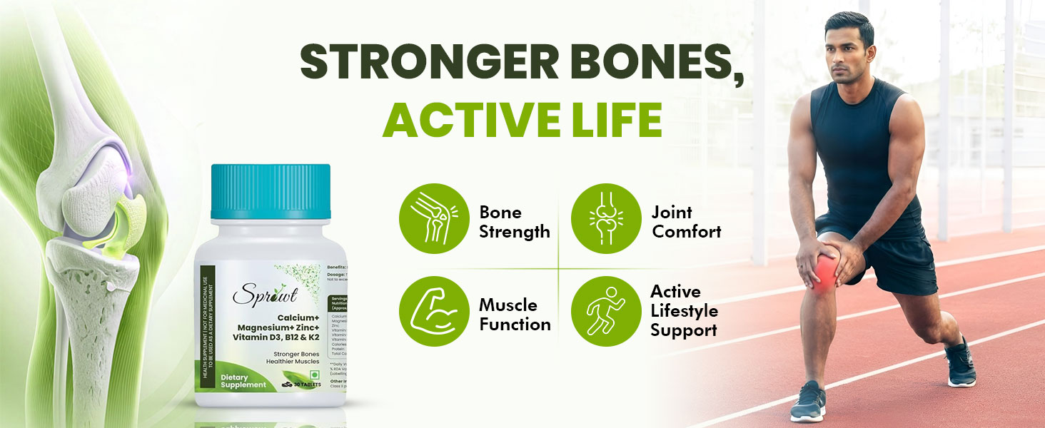 Sprowt Calcium Magnesium Zinc Vegetarian Tablets with Vitamin D3, B12 & K2 I Calcium Tablets for Women & Men to Support Bone Health, Joint & Immunity | Pack of 1 | 30 Count