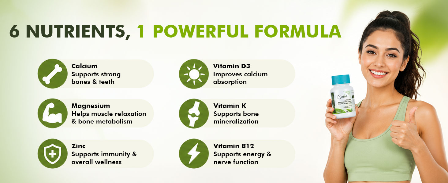 Sprowt Calcium Magnesium Zinc Vegetarian Tablets with Vitamin D3, B12 & K2 I Calcium Tablets for Women & Men to Support Bone Health, Joint & Immunity | Pack of 1 | 30 Count