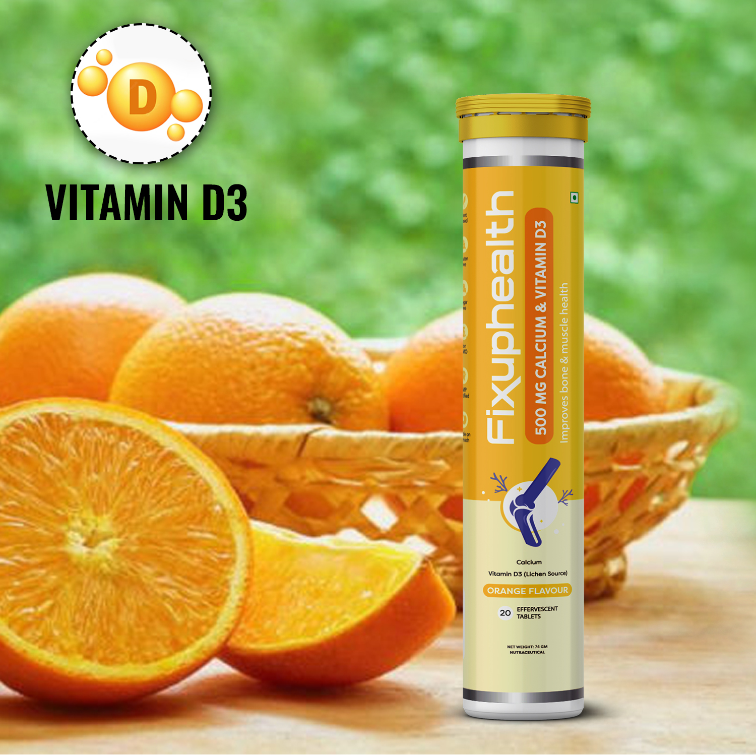 Fixuphealth Calcium and Vitamin D3 Tablets 500mg | Effervescent Calcium Supplement for Men & Women | Bone Health, Muscle Care & Strength Maintenance | Orange Flavour | 20 Tablets