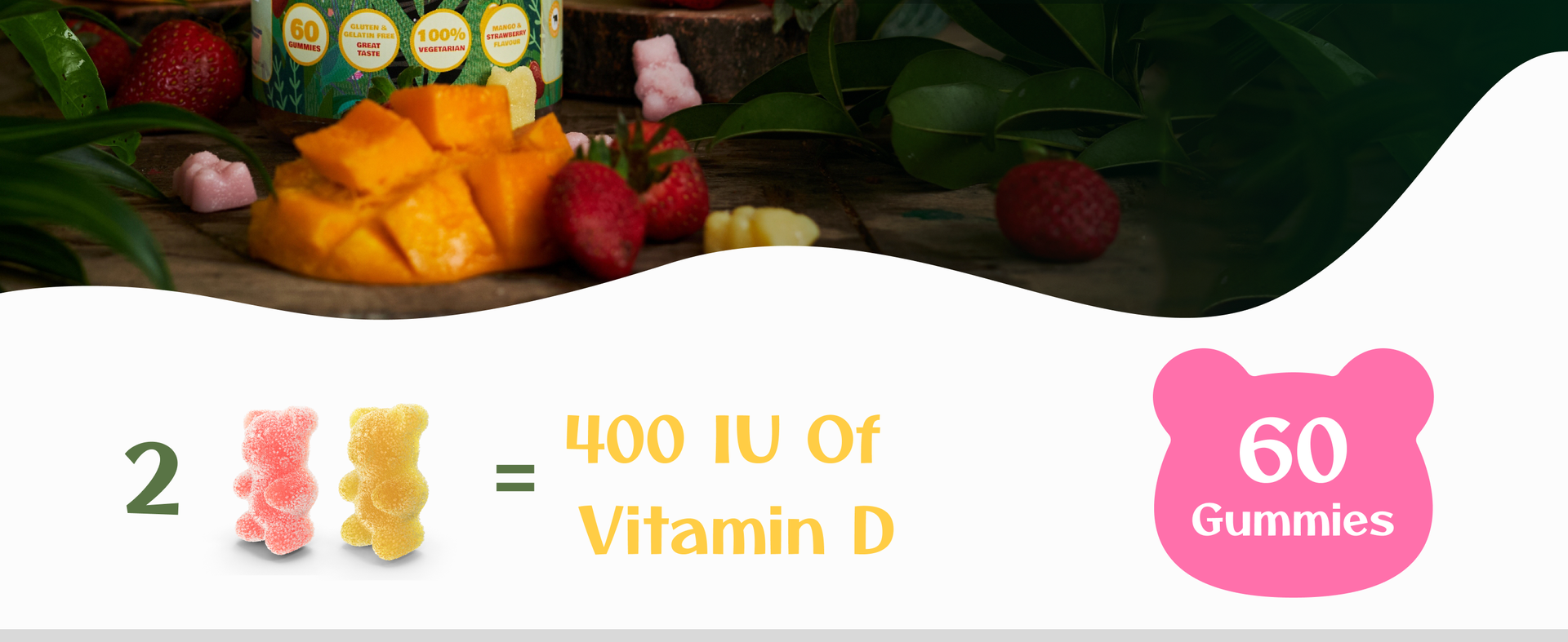 Kids Calcium & Vitamin D Gummy | 60 Gummies | For Healthy Bones, Stronger Teeth, and Growth | Vegan, Delicious Mango & Strawberry Flavor