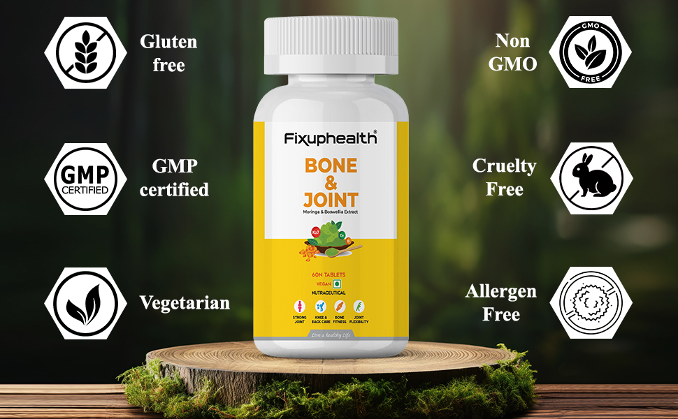 Fixuphealth Calcium Citrate Malate Tablets with Magnesium, Zinc, Vitamin D2, K2, Moringa & Boswellia Serrata | Bone & Joint Support Supplement for Men & Women | 60 Tablets