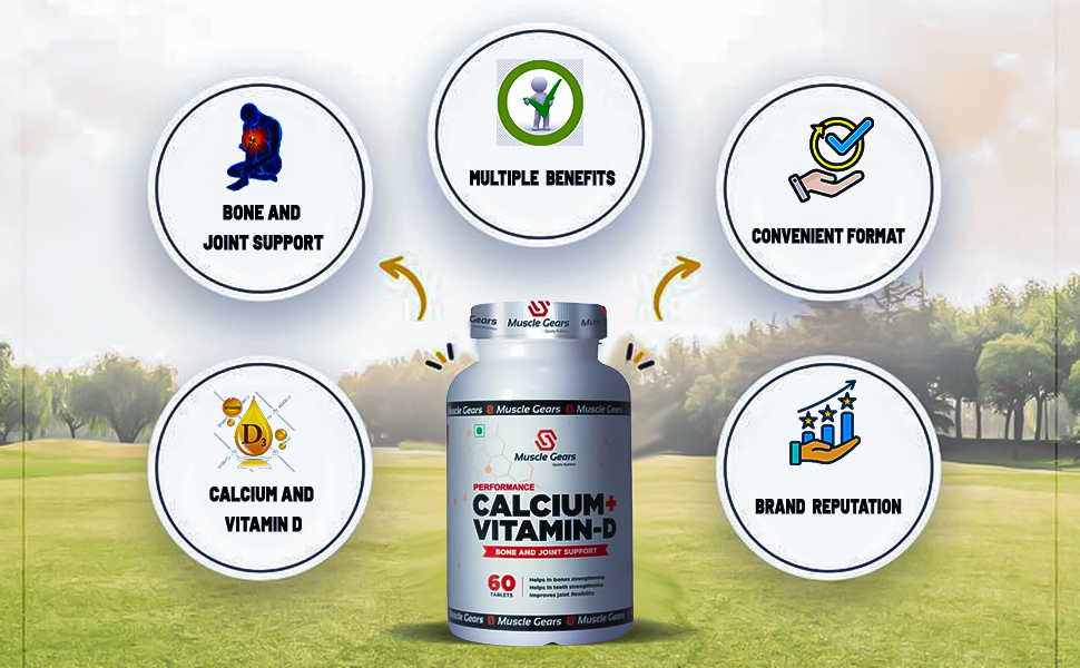 Muscle Gears Calcium + Vitamin D Tablets | 250mg Elemental Calcium & 400IU Vitamin D | Bone Health, Joint Support & Teeth Strength | For Men & Women | 60 Tablets
