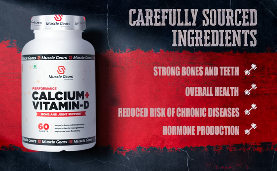 Muscle Gears Calcium + Vitamin D Tablets | 250mg Elemental Calcium & 400IU Vitamin D | Bone Health, Joint Support & Teeth Strength | For Men & Women | 60 Tablets