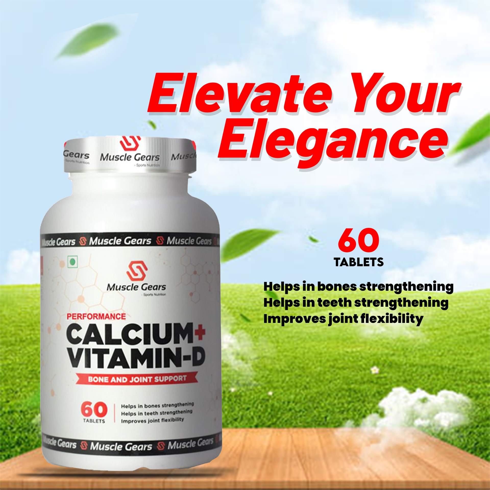 Muscle Gears Calcium + Vitamin D Tablets | 250mg Elemental Calcium & 400IU Vitamin D | Bone Health, Joint Support & Teeth Strength | For Men & Women | 60 Tablets