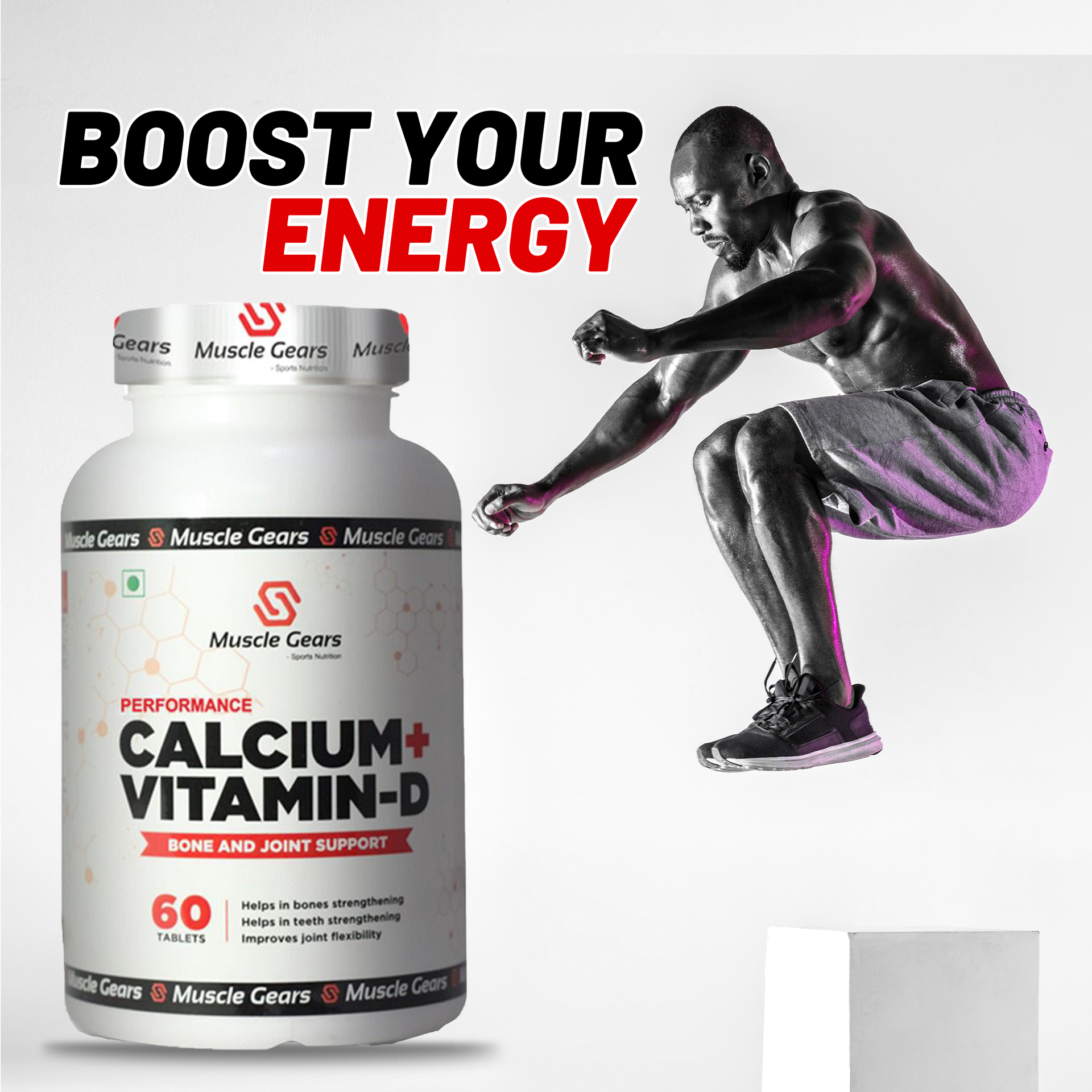 Muscle Gears Calcium + Vitamin D Tablets | 250mg Elemental Calcium & 400IU Vitamin D | Bone Health, Joint Support & Teeth Strength | For Men & Women | 60 Tablets