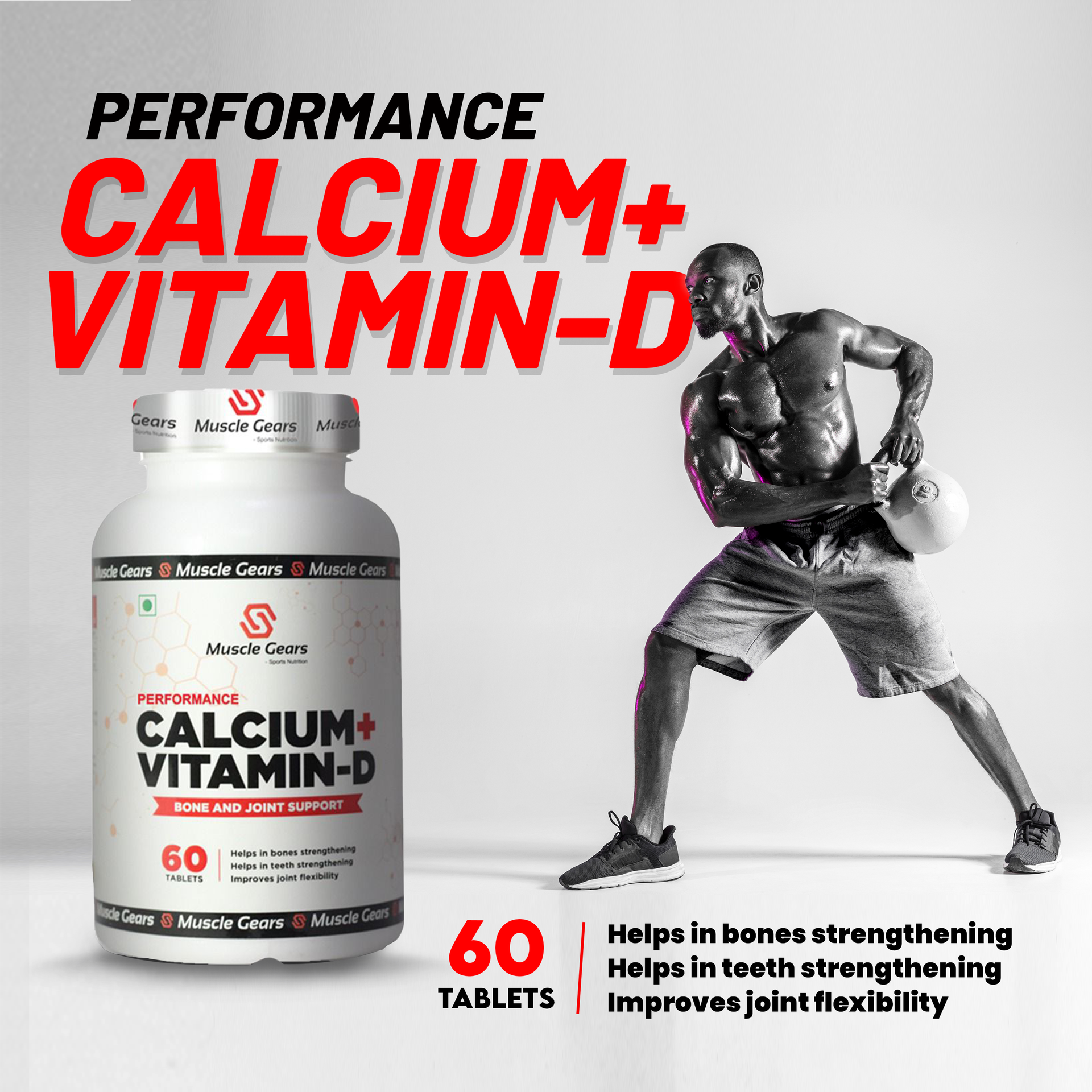 Muscle Gears Calcium + Vitamin D Tablets | 250mg Elemental Calcium & 400IU Vitamin D | Bone Health, Joint Support & Teeth Strength | For Men & Women | 60 Tablets