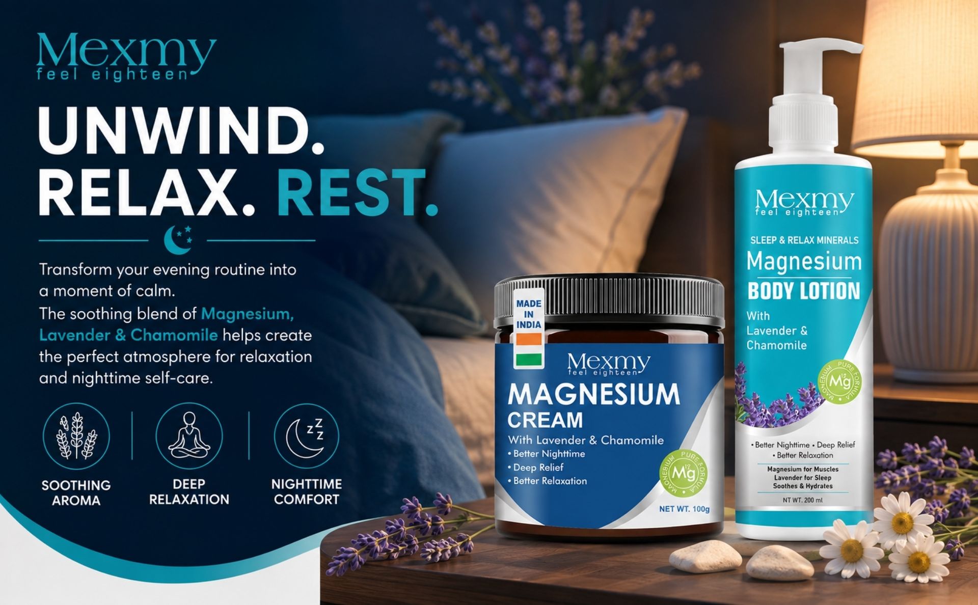 Mexmy Magnesium Cream & Body Lotion Combo with Lavender & Chamomile | Sleep & Relax Minerals Formula | Muscle Relaxation & Recovery | Deep Pain Relaxation, Skin Hydration & Recovery Support | Cream 100g + Lotion 200ml