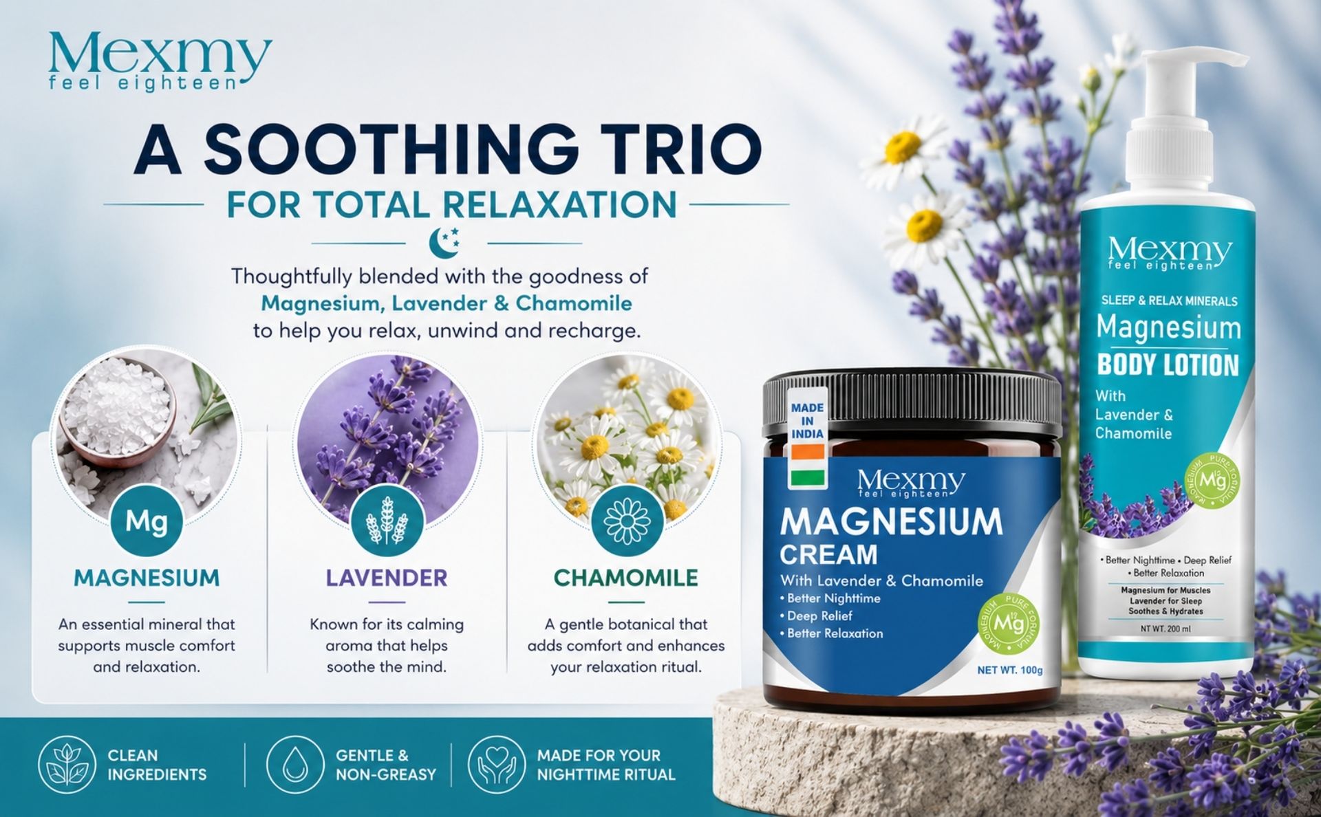 Mexmy Magnesium Cream & Body Lotion Combo with Lavender & Chamomile | Sleep & Relax Minerals Formula | Muscle Relaxation & Recovery | Deep Pain Relaxation, Skin Hydration & Recovery Support | Cream 100g + Lotion 200ml