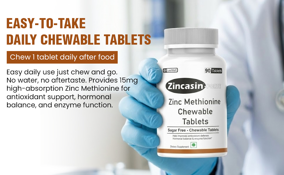 Zincasin Forte (LeeWell) Zinc Methionine Chewable Candy Tablets | High Strength Zinc Supplements for Immune Support, Hormonal Balance, Skin & Overall Wellness | Easy-to-Chew Zinc Supplement for Men & Women -90 Tablets