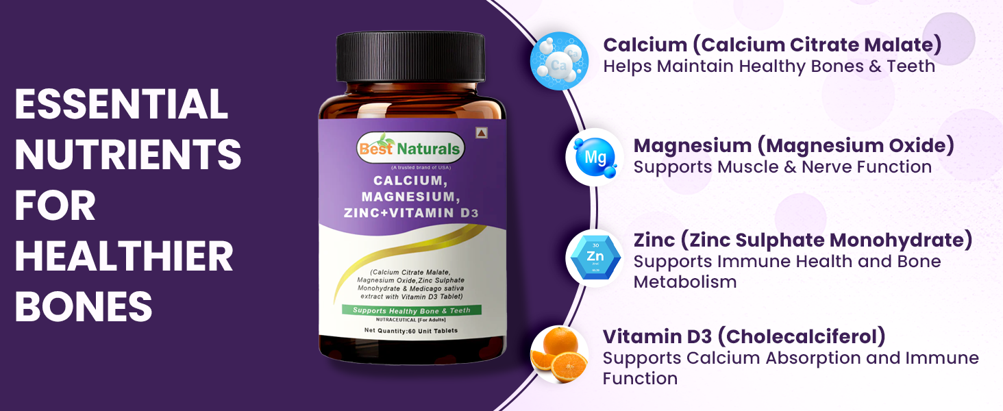 Best Naturals Calcium And Vitamin D3 Tablets | Calcium Tablets for Women & Men | Calcium Magnesium Zinc Supplement With Vitamin D3 To Support Bones health, Joints & Immunity - 60 Tablets