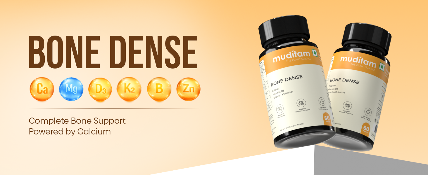 Muditam Ayurveda Bone Dense Calcium & Bone Support Supplement with Vitamin D3, K2 & Magnesium | Supports Bone Density & Strength | Vegetarian Tablets | 60 Tablets (1 Bottle)