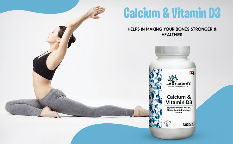 La Nature's Calcium & Vitamin D3 Capsules Calcium Carbonate 500 mg Vitamin D3 Supplement for Men & Women for - 60 Softgels