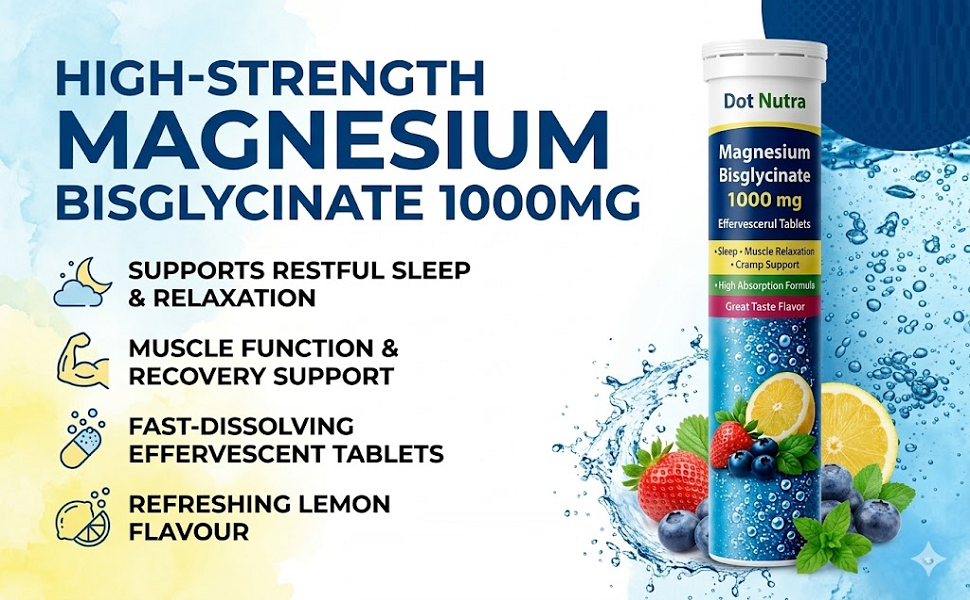 Magnesium Bisglycinate Effervescent Tablets, 1000 mg, Sleep and Muscle Relaxation Support, Lemon Flavour, 15 Tablets (Pack of 1)