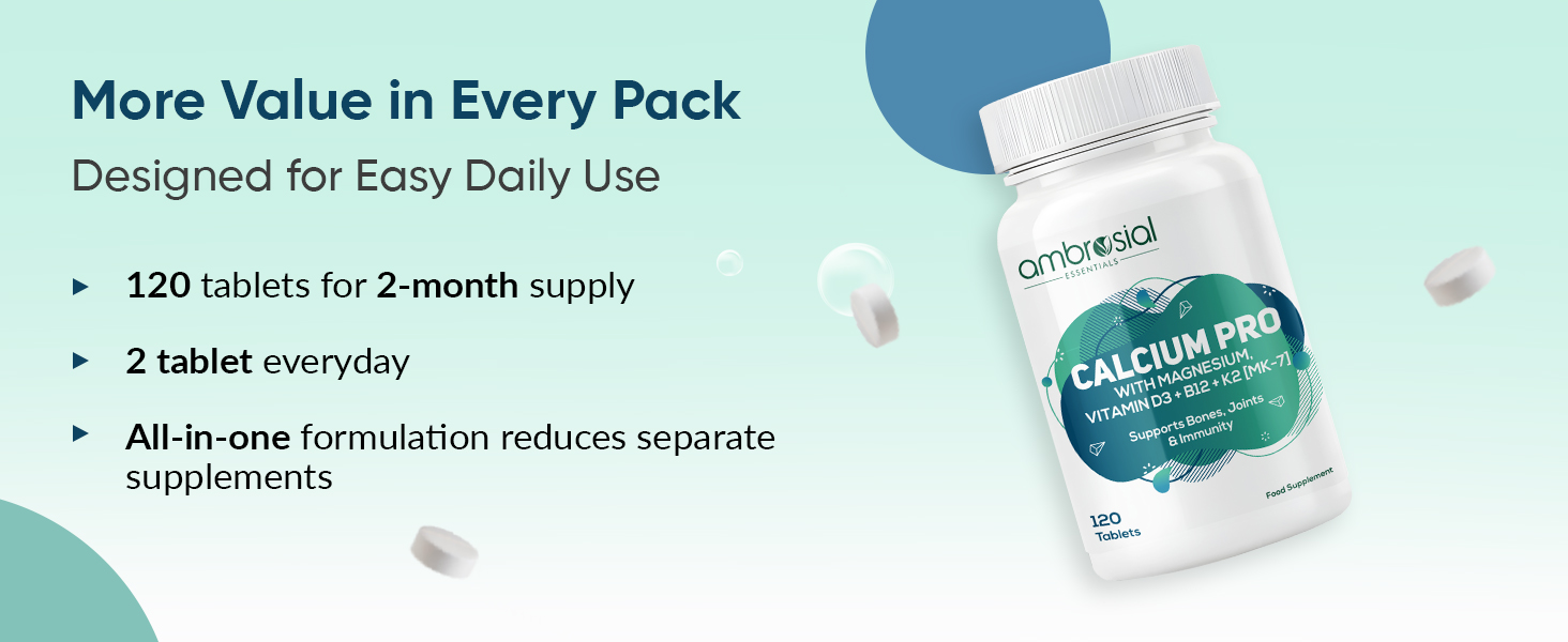 Ambrosial Calcium Pro & Vitamin D3 Tablets with Magnesium, Zinc, Vitamin K2 MK-7 & B12 | Calcium Citrate Malate Supplement With Alfalfa & Moringa Extracts for Men & Women | 120 Vegetarian Tablets