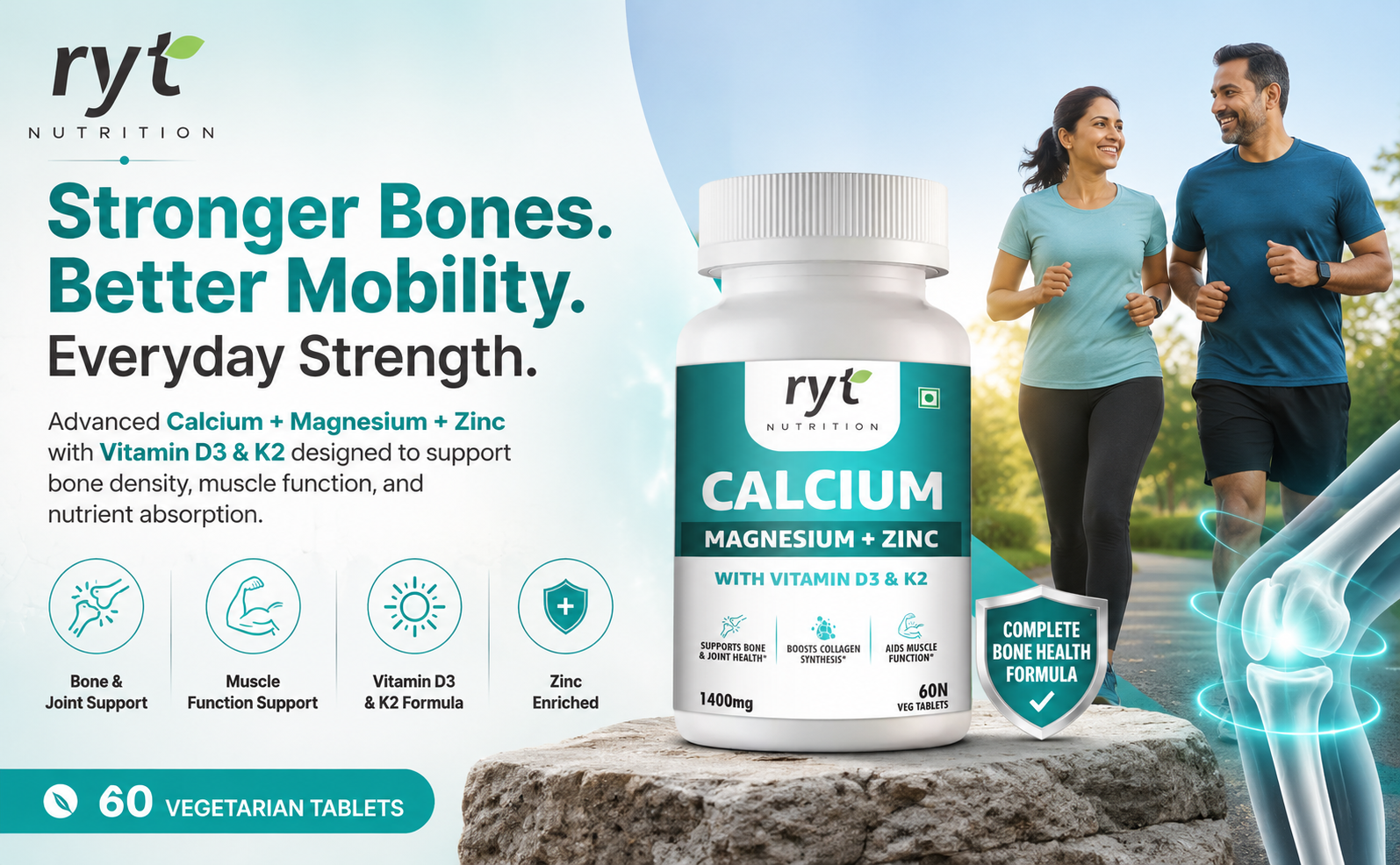 Calcium Tablets, With Magnesium Zinc & Vitamin D3 & K2 (1400mg) - 60 Veg Tablets | For Bone Health & Joint Support | Muscle Strength Supplement For Men & Women