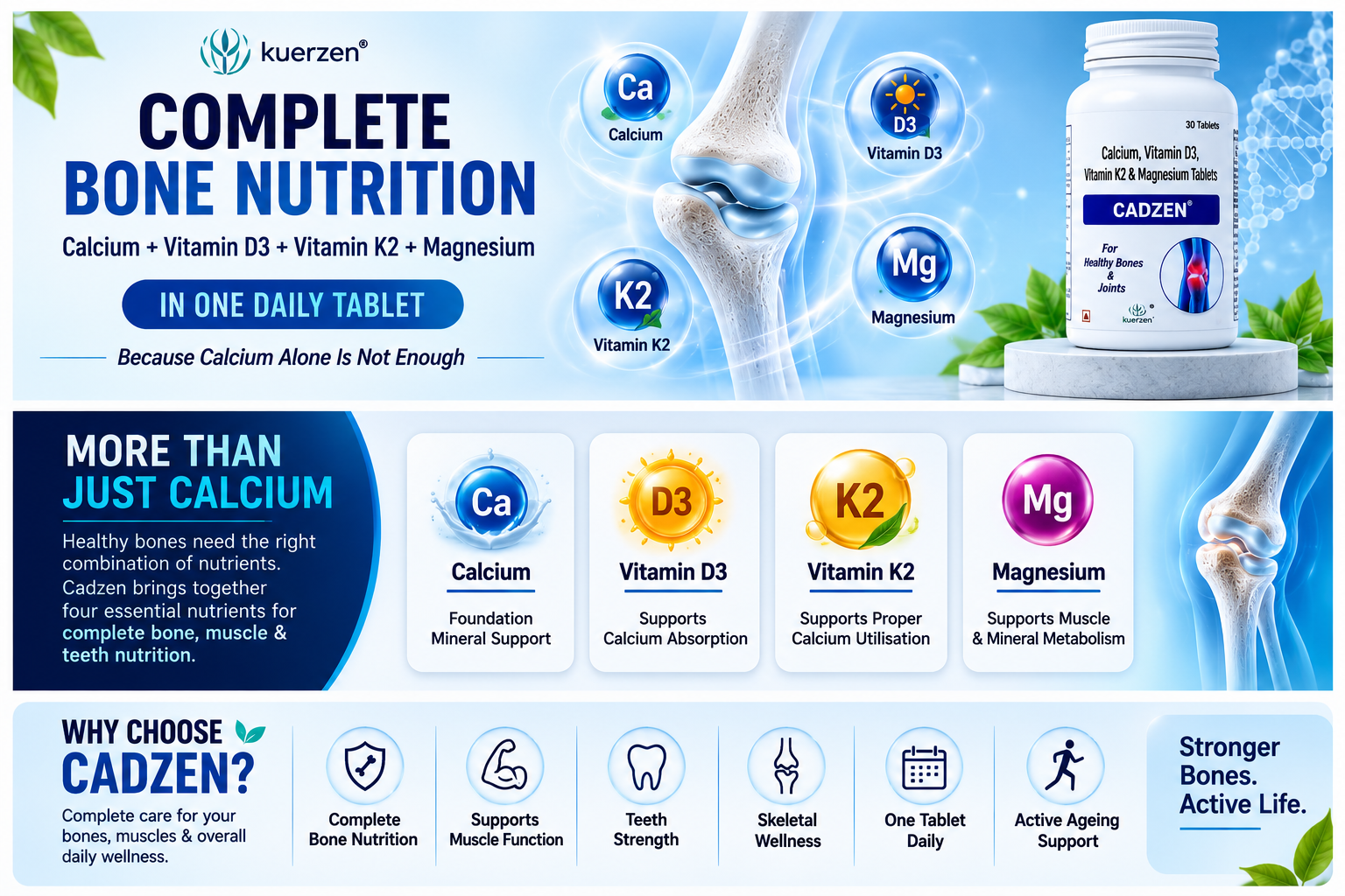 Kuerzen Cadzen Calcium Tablets | Calcium + Vitamin D3 + Vitamin K2 + Magnesium | Complete Bone, Muscle & Teeth Nutrition | Doctor Formulated Daily Wellness Supplement | 30 Tablets