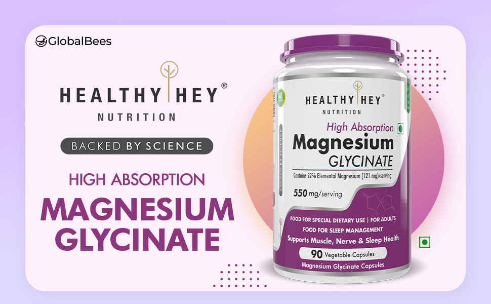 HealthyHey Nutrition High Absorption Magnesium Glycinate, 550mg - 90 Vegetable Capsules - Pack of 4