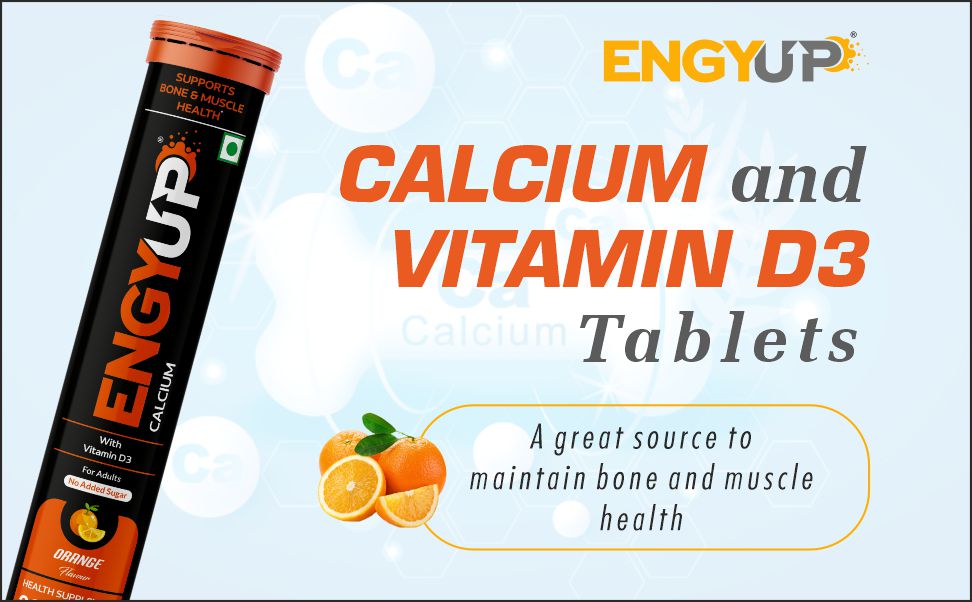 ENGYUP Calcium-500mg and Vitamin D3-400 IU | For Strong & Healthy Bone, Joints, Teeth and Muscle Supplement | 20 Effervescent Tablets | Orange Flavor