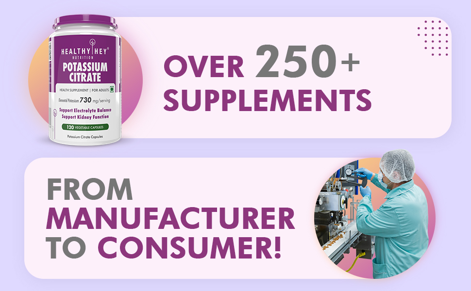 HealthyHey Nutrition Potassium Citrate 730mg - 120 Vegetable Capsules - Pack of 4