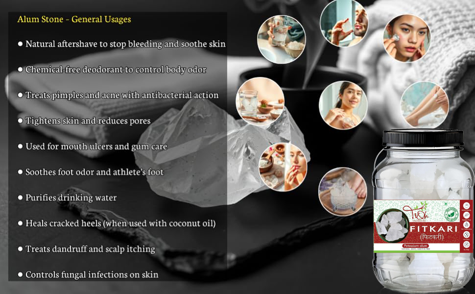 Fitkari Natural Potassium Alum Crystal, Raw, Multi-Purpose for Beauty and Hygiene,Alum Stone for Face | Fitkari Stone for Skin Tightening, Water Purification, Shaving & Teeth Care | Premium White Crystals Fitkiri Alum | Gentle & Effective Pack of (400 g)