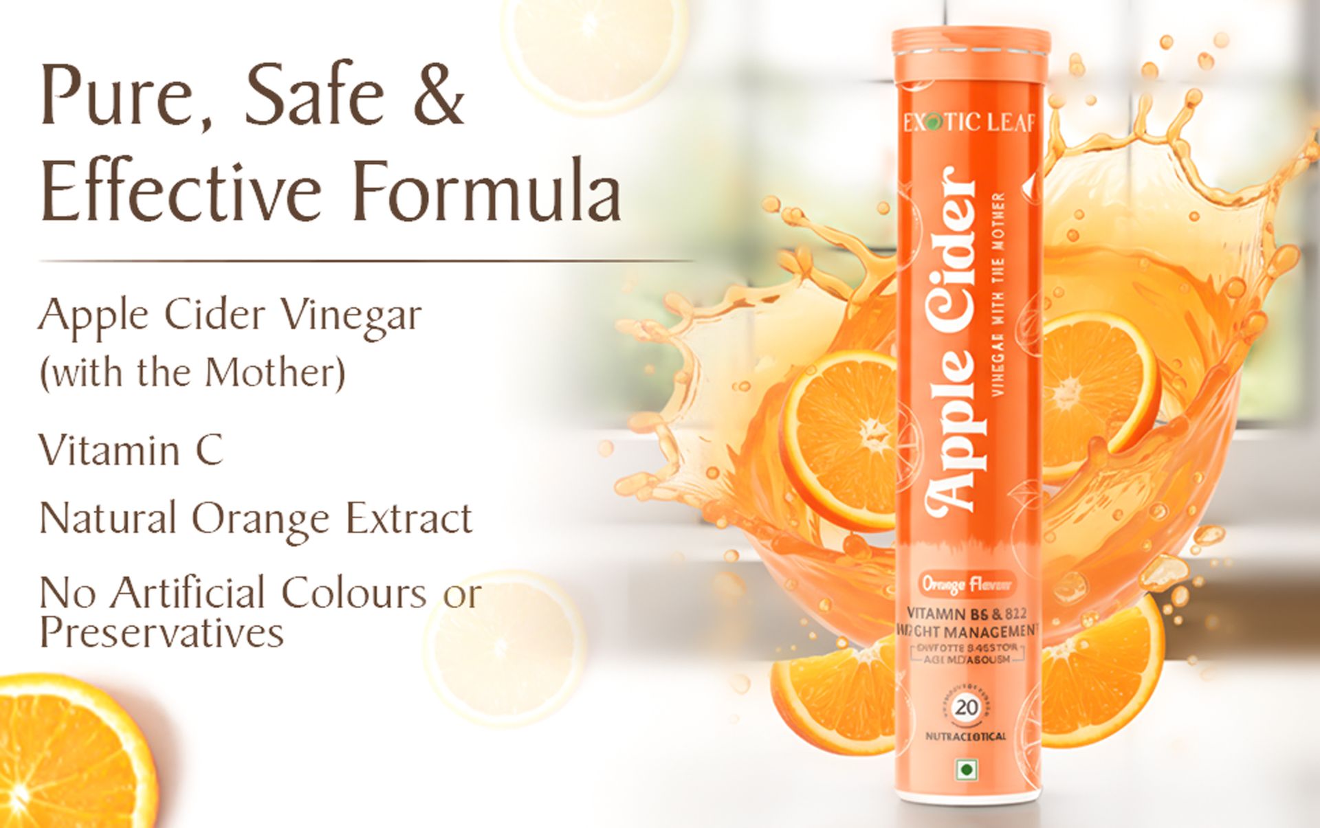 Apple Cider Vinegar Effervescent Tablets Orange Flavour | With the Mother | Supports Digestion, Detox, Metabolism & Weight Management | 20 Effervescent Tablets Pack