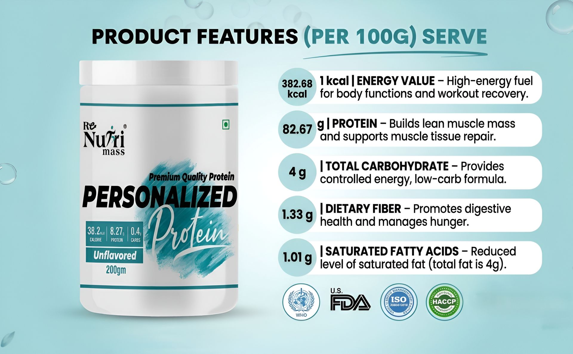 Personalized Protein | Premium Quality Protein| 38.2 Calorie | 8.27 gm Prot| 0.4g carbs | Unflavoured|