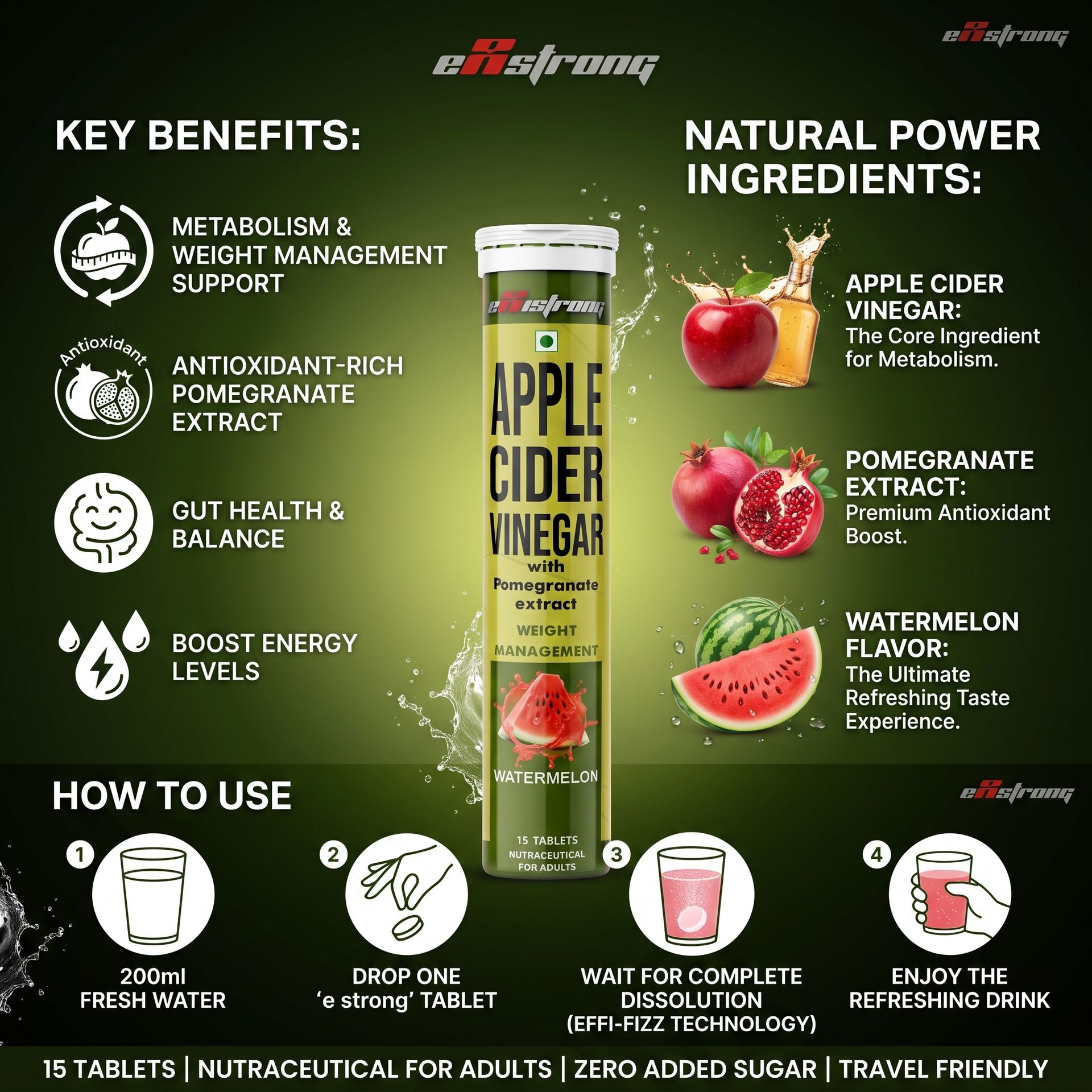 Apple Cider Vinager Effervescent Tablet With Pomgranate Extract | Appetite Control & Supports Metabolism (Pack Of 4, Watermelon Flavor 60 Tablet)