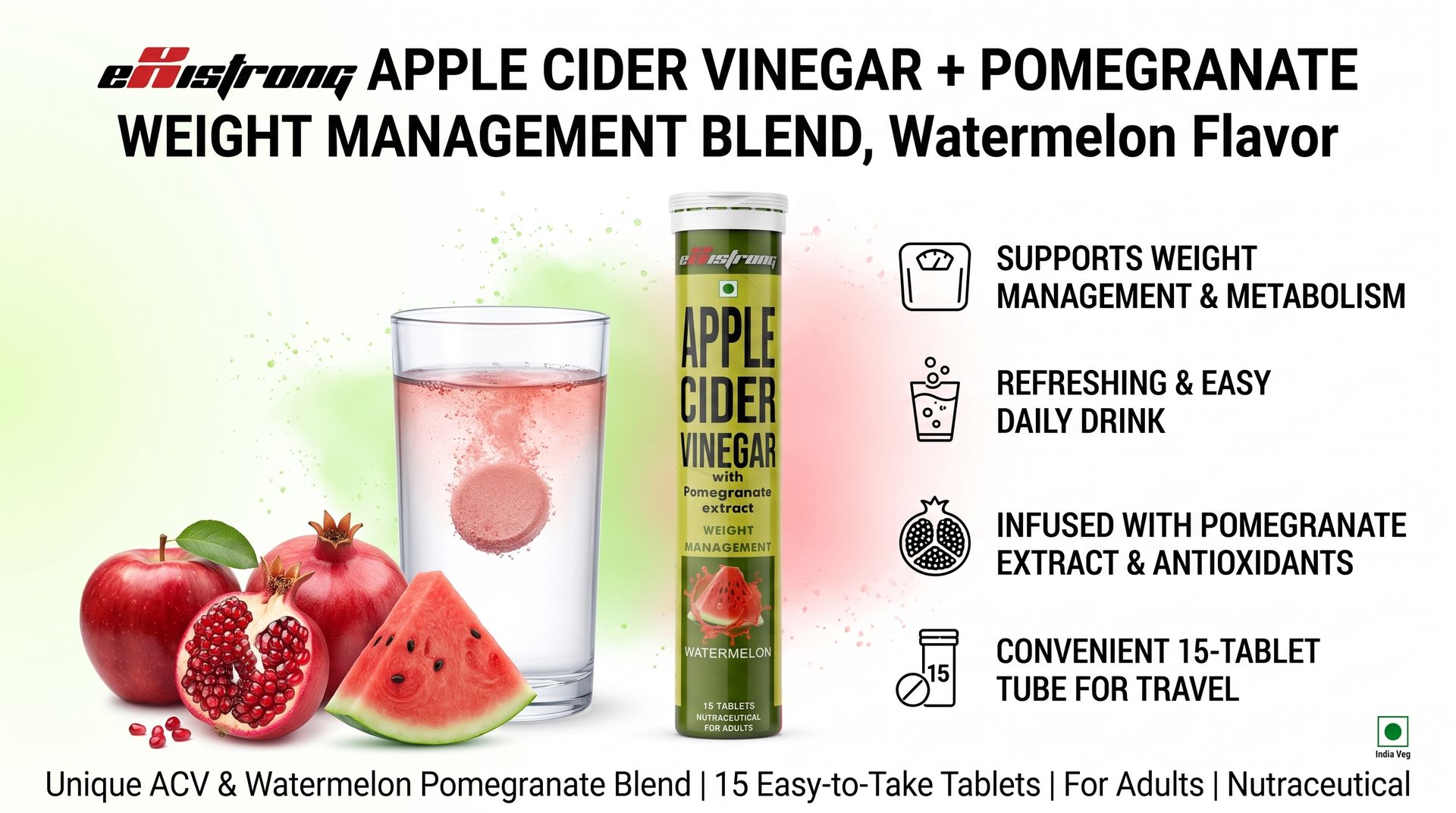 Apple Cider Vinager Effervescent Tablet With Pomgranate Extract | Appetite Control & Supports Metabolism (Pack Of 4, Watermelon Flavor 60 Tablet)