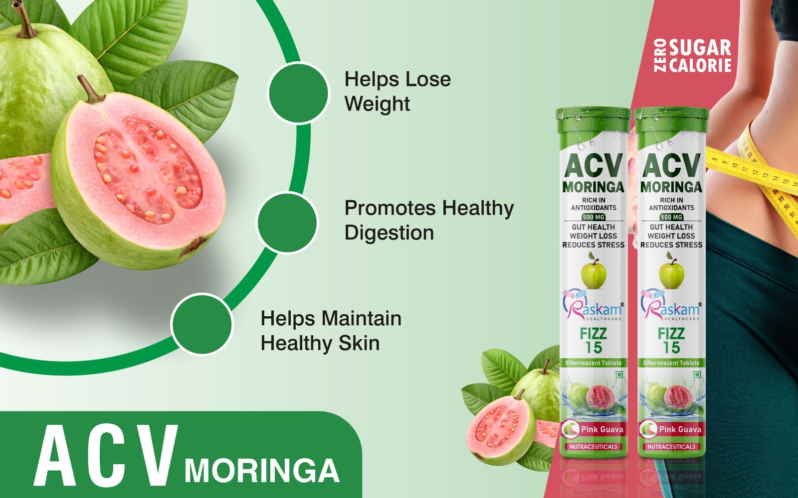 Apple Cider Vinegar Moringa Fizz Tablets 500mg – Pink Guava Flavor, Natural Energy & Appetite Support – 15 Effervescent Tabs (Pack of 5)