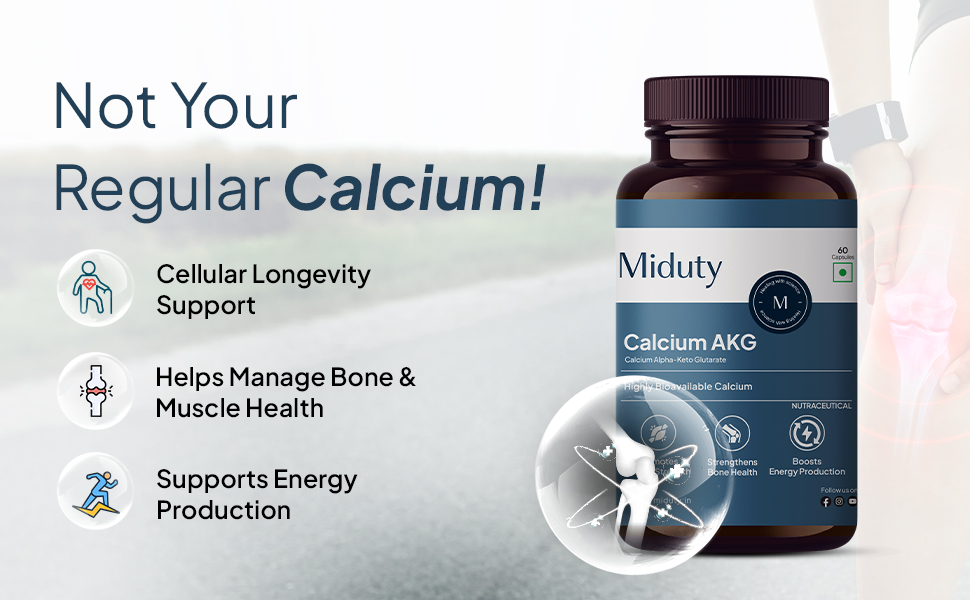 Miduty Calcium Alpha-Ketoglutarate (Ca-AKG) – 99% Stabilized Calcium AKG - Longevity & Bone Health Supplement For Men & Women – Supports Energy, Muscle Strength & Healthy Aging – 60 Veg Capsules