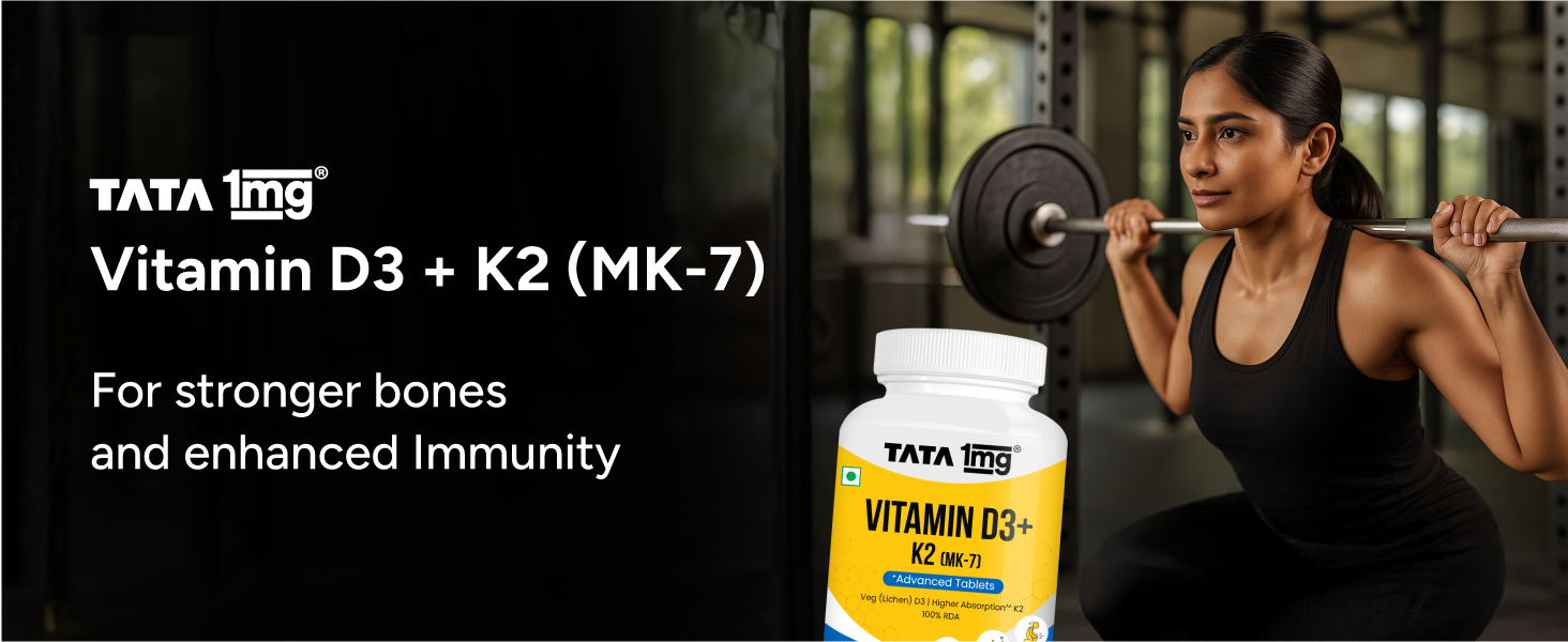 Tata 1mg Vitamin D3 + K2 (MK-7) | Supports Stronger Bones, Immunity & Calcium Absorption | 600 IU Vitamin D3 + 55 mcg K2 | Lichen Sourced, 100% Veg (60 Tablets)