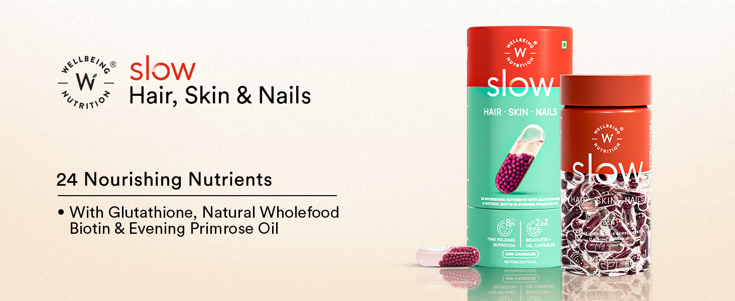 Wellbeing Nutrition Slow Skin Hair and Nails Capsules for Women & Men 10,000mcg Biotin, Keratin, Vit C, Glutathione, HLA, Primrose Oil | Glowing Skin, Strong Hair & Nails, DHT blocker, 60 Capsules