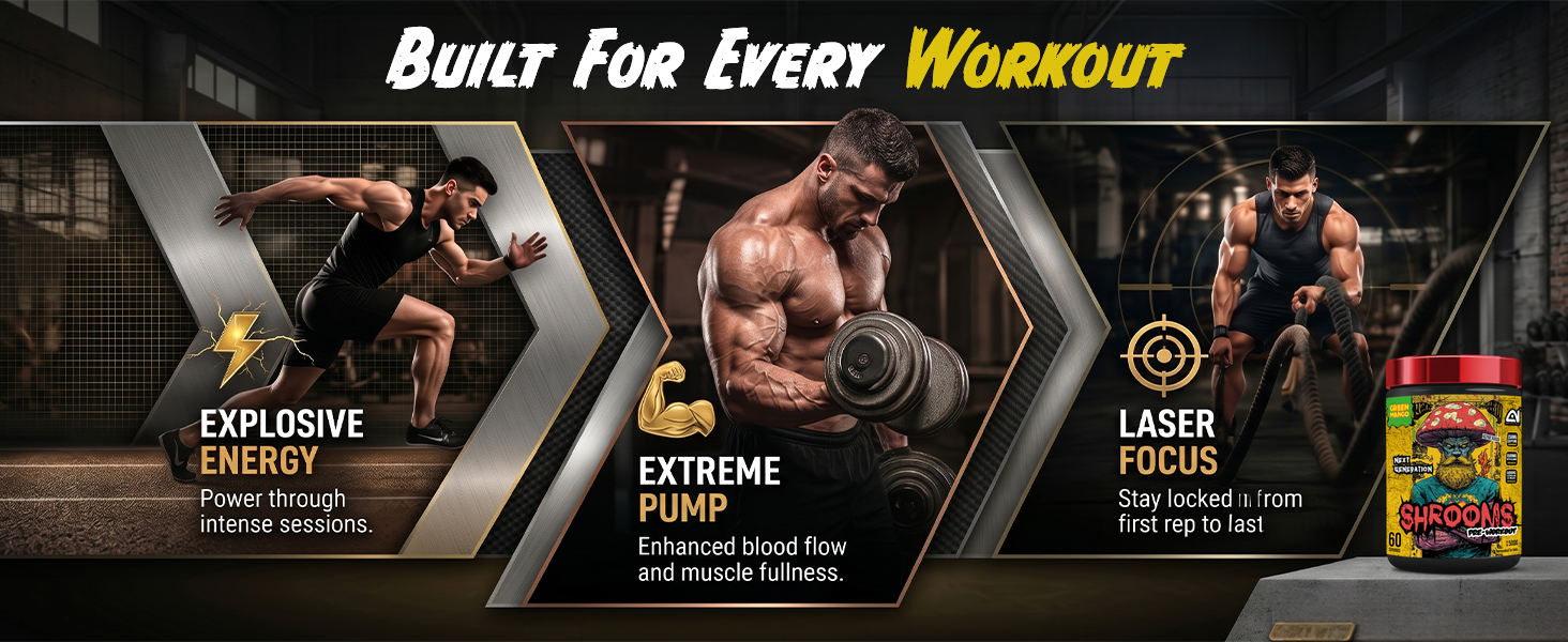 Absolute Nutrition SHROOMS Pre Workout Powder (60 Servings, 500g) | With Beta Alanine, L-Citrulline DL-Malate 2:1, Cocoa Bean Extract & Bitter Orange | (Green Mango)